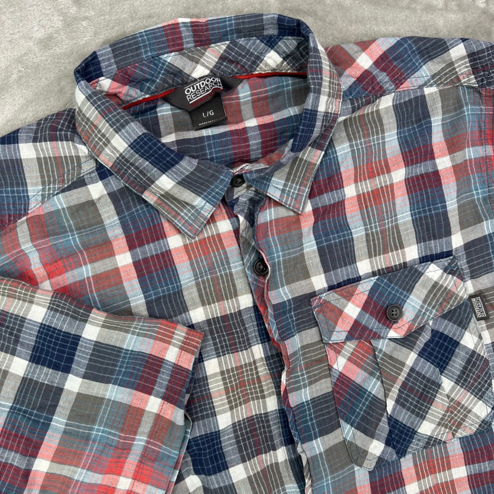 Outdoor Research Jinx Shirt Mens Large Blue Red Plaid Short Sleeve Button Down